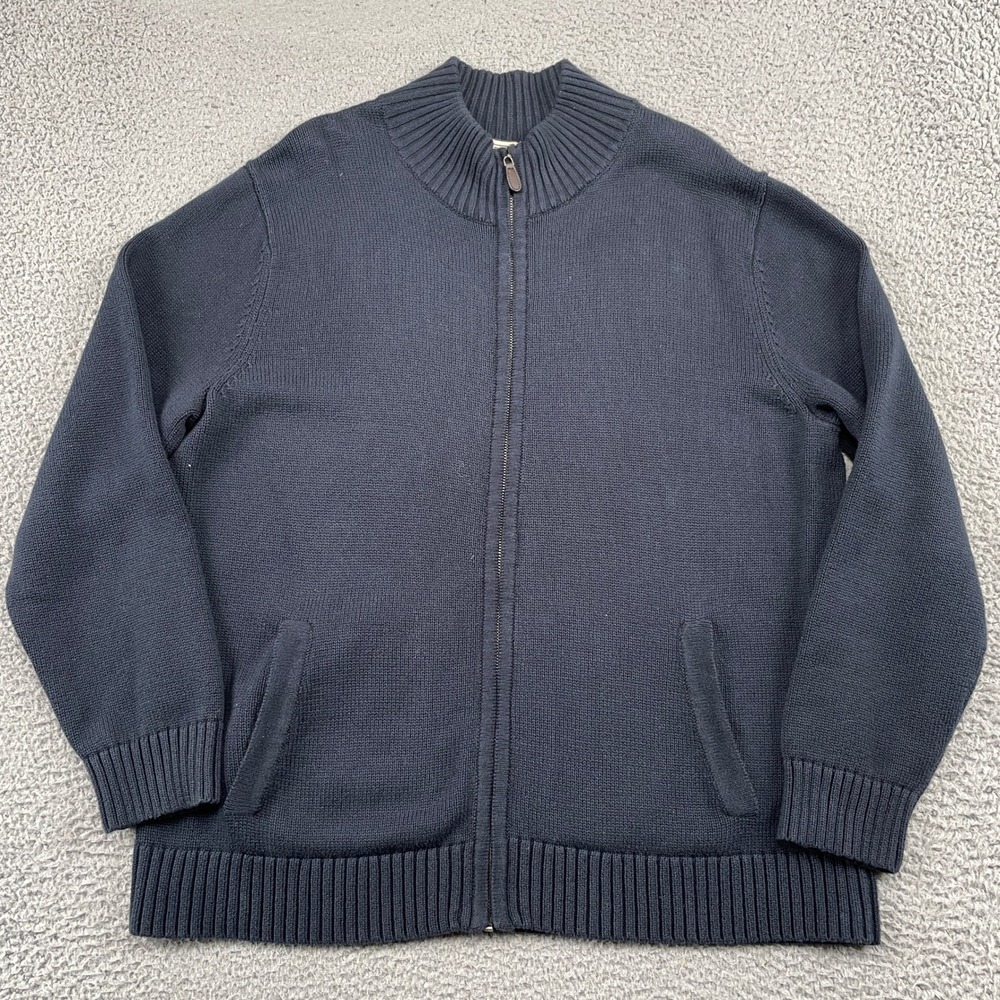 LL Bean Sweater Mens XL Navy Blue Cotton Full Zip Mock Neck Ribbed Cardigan
